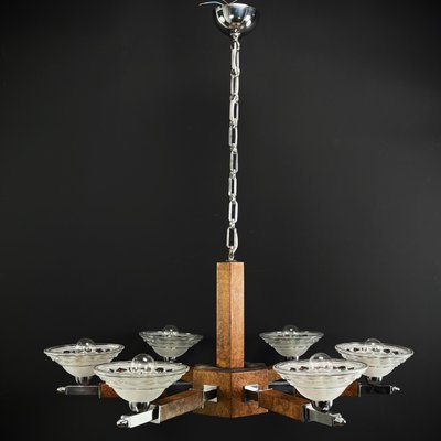 Art Deco Chandelier in Wood and Chrome, 1930s-JUZ-1813990