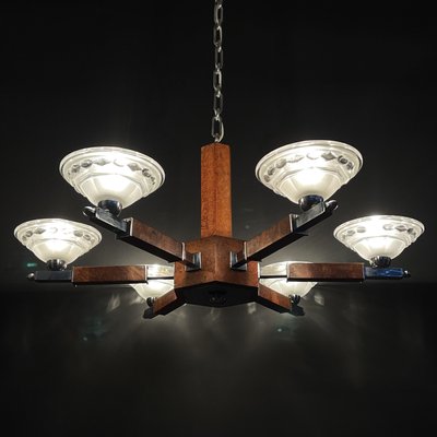 Art Deco Chandelier in Wood and Chrome, 1930s-JUZ-1813990