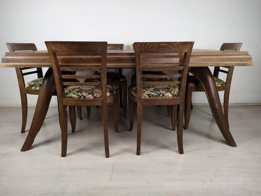 Art Deco Cherry Oak Table and Chairs, 1940s, Set of 7-EAD-1451606