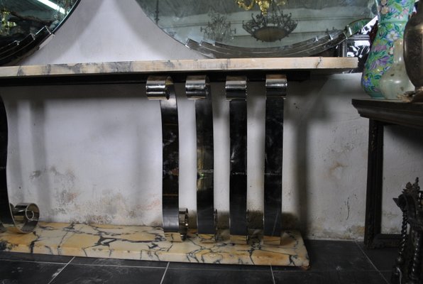 Art Deco Chrome, Marble & Bronze Console Table, 20th-Century-SYQ-1115819