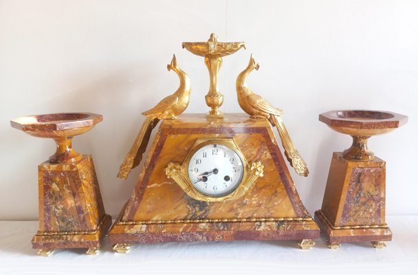 Art Deco Clock & Cassolettes in Bronze and Marble, 1925, Set of 3-AWH-1386221