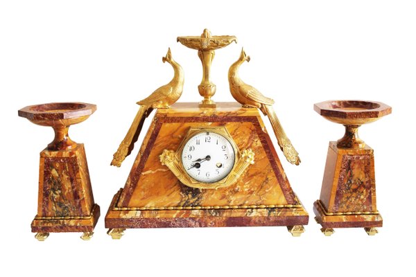 Art Deco Clock & Cassolettes in Bronze and Marble, 1925, Set of 3-AWH-1386221