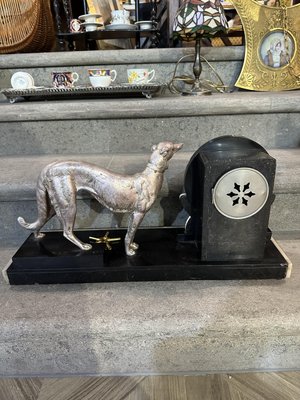 Art Deco Clock in Black and White Marble with Metal Greyhound and Rhomboidal Dial, 1930s-UAI-2033426