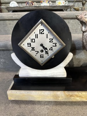 Art Deco Clock in Black and White Marble with Metal Greyhound and Rhomboidal Dial, 1930s-UAI-2033426