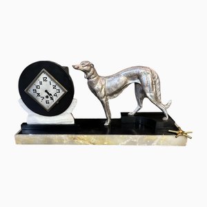 Art Deco Clock in Black and White Marble with Metal Greyhound and Rhomboidal Dial, 1930s-UAI-2033426