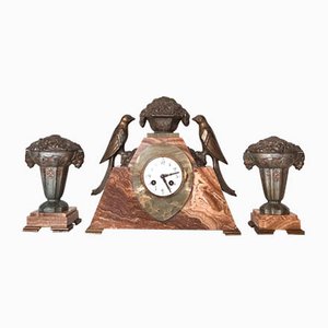 Art Deco Clock with Cassolettes in Marble, Set of 3-AWH-1299691