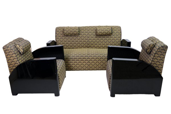 Art Deco Club Chairs in Black Lacquer and Golden Upholstery, 1930s, Set of 2-CXC-1749593