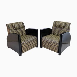 Art Deco Club Chairs in Black Lacquer and Golden Upholstery, 1930s, Set of 2-CXC-1749593