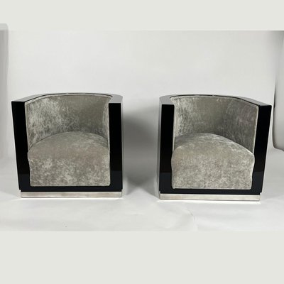 Art Deco Club Chairs in Black Lacquer & Grey Velvet, France, 1930s, Set of 2-NNB-2035107