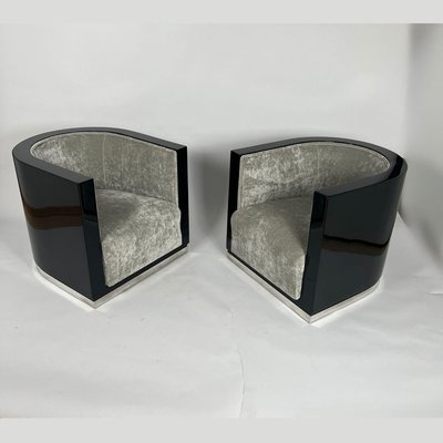 Art Deco Club Chairs in Black Lacquer & Grey Velvet, France, 1930s, Set of 2-NNB-2035107