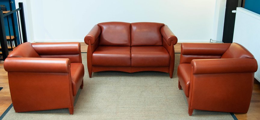 Art Deco Cognac Leather by Klaus Wettergren, Denmark, 1980s, Set of 3-JE-1331943