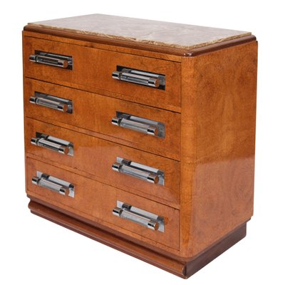 Art Deco Commode Chest of Drawers in Amboyna with Marble Top and Glass Handles, 1930s-CXC-1754386