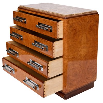 Art Deco Commode Chest of Drawers in Amboyna with Marble Top and Glass Handles, 1930s-CXC-1754386