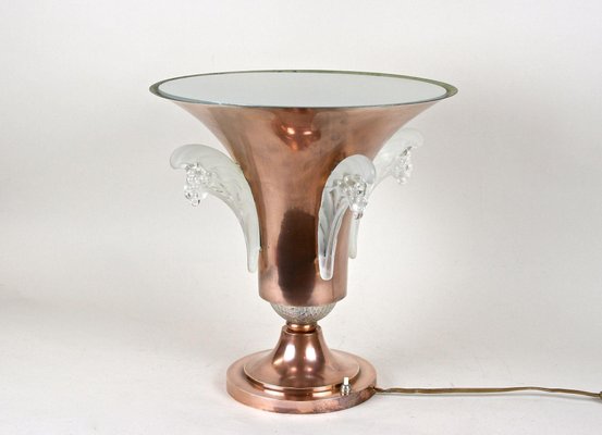 Art Deco Copper Table Lamp with Lalique Glass Elements, France, 1920s-TQA-1367740