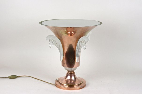 Art Deco Copper Table Lamp with Lalique Glass Elements, France, 1920s-TQA-1367740