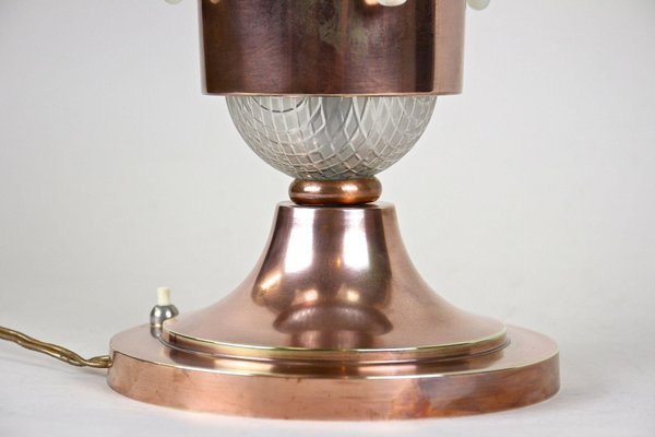 Art Deco Copper Table Lamp with Lalique Glass Elements, France, 1920s-TQA-1367740