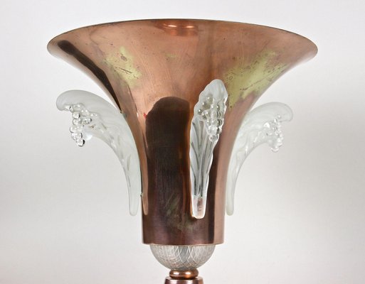 Art Deco Copper Table Lamp with Lalique Glass Elements, France, 1920s-TQA-1367740