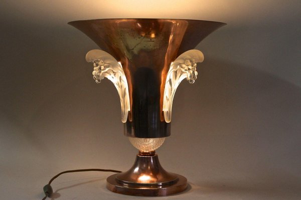 Art Deco Copper Table Lamp with Lalique Glass Elements, France, 1920s-TQA-1367740