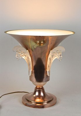 Art Deco Copper Table Lamp with Lalique Glass Elements, France, 1920s-TQA-1367740