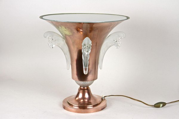 Art Deco Copper Table Lamp with Lalique Glass Elements, France, 1920s-TQA-1367740