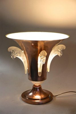 Art Deco Copper Table Lamp with Lalique Glass Elements, France, 1920s-TQA-1367740