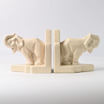 Art Deco Crackle Glaze Elephant Bookends, 1930s, Set of 2-IXK-1785843