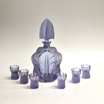 Art Deco Crystal Glass Carafe with 6 Glasses in the Style of R. Lalique, 1930s, Set of 7-SY-1021559