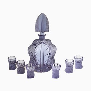 Art Deco Crystal Glass Carafe with 6 Glasses in the Style of R. Lalique, 1930s, Set of 7-SY-1021559