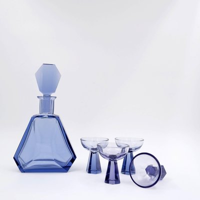 Art Deco Czechian Blue Cut Crystal Cocktail Set, 1930, Set of 5-NYF-2019133