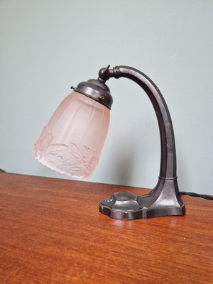 Art Deco Desk Lamp in Metal and Pink Satin Glass, 1920s-FAX-2021155