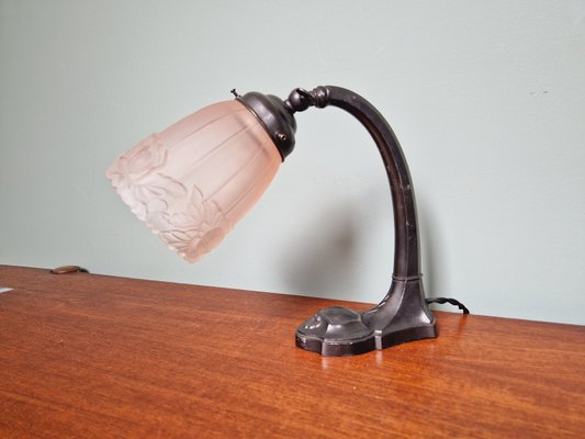 Art Deco Desk Lamp in Metal and Pink Satin Glass, 1920s-FAX-2021155