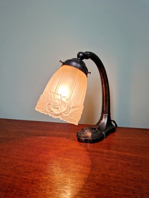 Art Deco Desk Lamp in Metal and Pink Satin Glass, 1920s-FAX-2021155