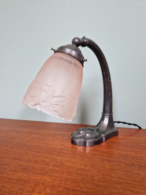 Art Deco Desk Lamp in Metal and Pink Satin Glass, 1920s-FAX-2021155