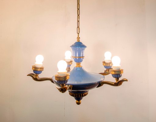 Art-Deco Enamel Blue and Brass Chandelier by Emile Jacob, 1920s-LWW-1437905