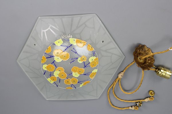 Art Deco Enameled and Frosted Glass Pendant Light from Loys Lucha, 1930s-KEG-1181923