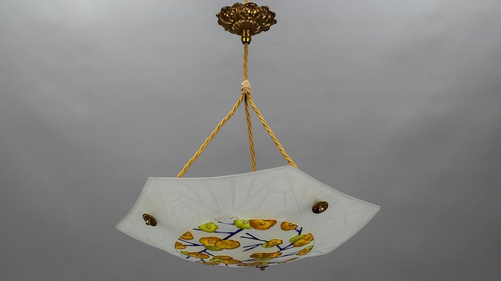 Art Deco Enameled and Frosted Glass Pendant Light from Loys Lucha, 1930s-KEG-1181923