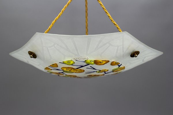 Art Deco Enameled and Frosted Glass Pendant Light from Loys Lucha, 1930s-KEG-1181923