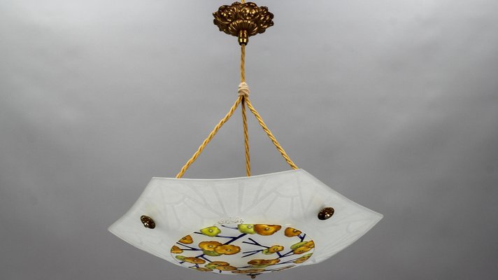 Art Deco Enameled and Frosted Glass Pendant Light from Loys Lucha, 1930s-KEG-1181923