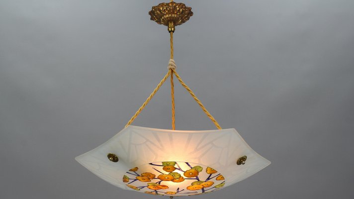 Art Deco Enameled and Frosted Glass Pendant Light from Loys Lucha, 1930s-KEG-1181923