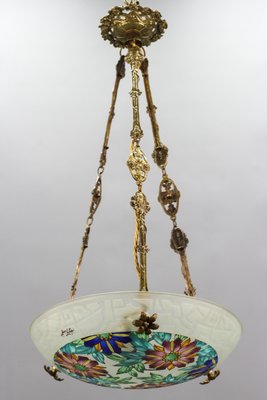 Art Deco Enameled Floral Glass and Bronze Pendant Light from Loys Lucha, 1930s-KEG-1154495