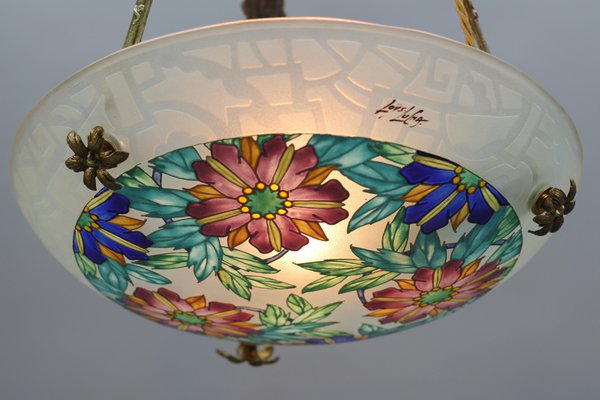 Art Deco Enameled Floral Glass and Bronze Pendant Light from Loys Lucha, 1930s-KEG-1154495