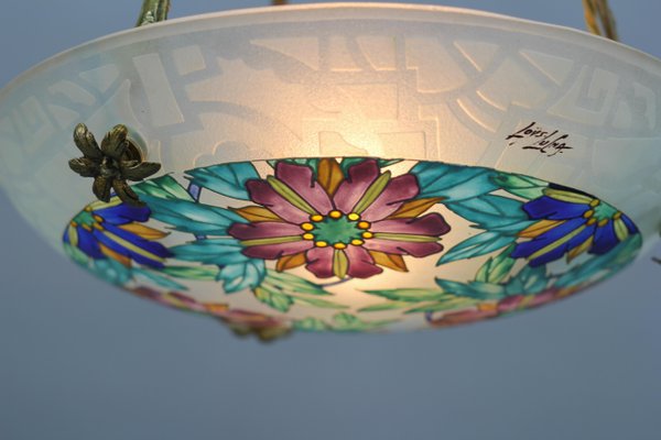 Art Deco Enameled Floral Glass and Bronze Pendant Light from Loys Lucha, 1930s-KEG-1154495