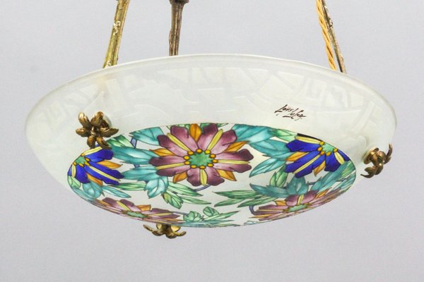 Art Deco Enameled Floral Glass and Bronze Pendant Light from Loys Lucha, 1930s-KEG-1154495