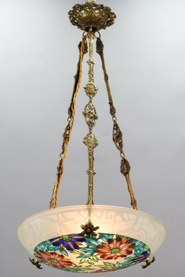 Art Deco Enameled Floral Glass and Bronze Pendant Light from Loys Lucha, 1930s-KEG-1154495