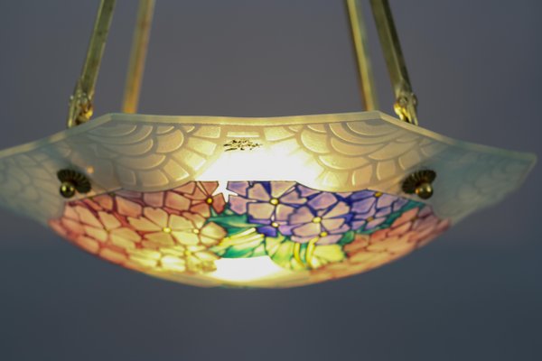 Art Deco Enameled Glass Four-Light Pendant Chandelier from Loys Lucha, 1930s-KEG-1179940