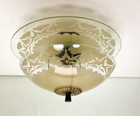 Art Deco Etched Glass Ceiling Lamp, 1920s-WZZ-1786814