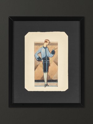 Art Deco Fashion Drawing, Gouache on Paper, Framed-GPP-1091644