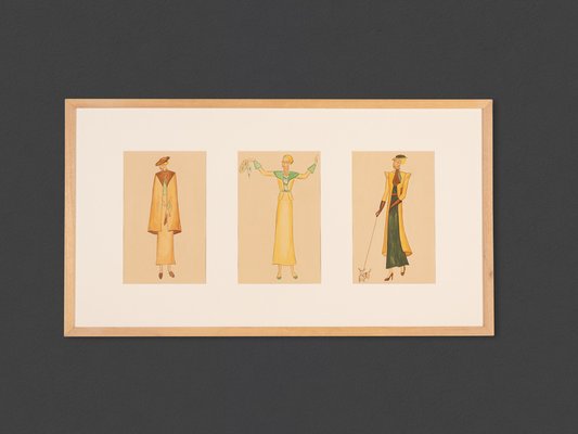 Art Deco Fashion Drawings II, Gouache on Paper, Framed-GPP-1066567