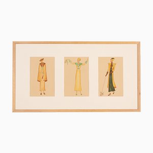 Art Deco Fashion Drawings II, Gouache on Paper, Framed-GPP-1066567