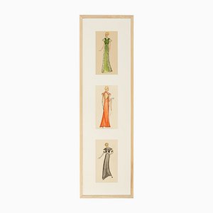 Art Deco Fashion Drawings IV, 1920s, Gouache on Paper, Framed, Set of 3-GPP-1080000